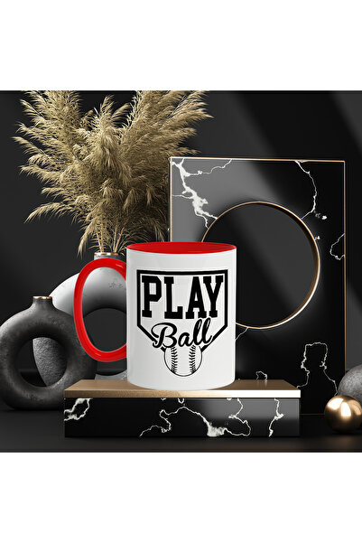 StoryGift Romania Baseball ball mug with the message "Play ball" - play ball with Red Handle, Cu Man, STG.