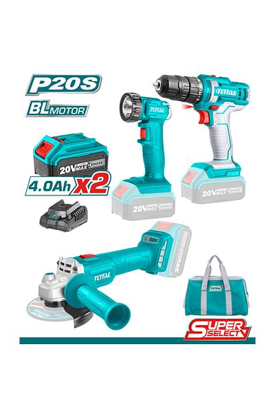 TOTAL Drill set with rocket and flashlight on 20v battery