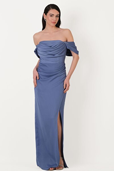 Spazio Orfina Straplez Düşük Kol Bel Dpaeli Uzun Abiye Elbise İNDİGO