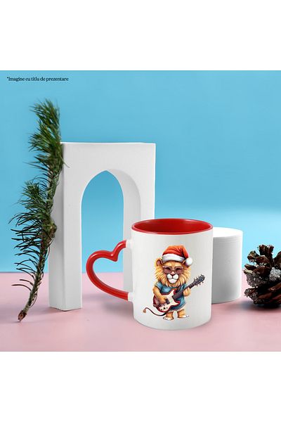 StoryGift Romania Mug with a lion playing the guitar | illustration | wearing a Christmas hat, With,STG.