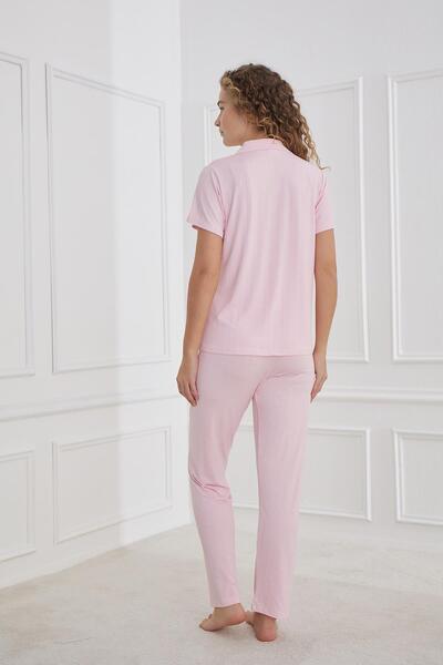 Kompedan Kadın Polo Yaka Önden Düğmeli Pijama Takımı | Pembe 80602-658