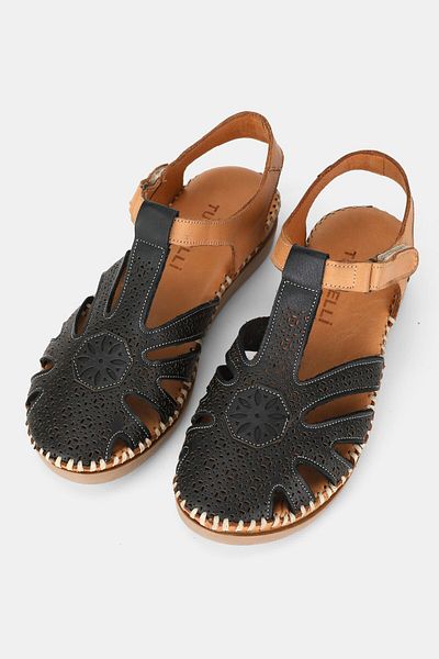 TUNAELLİ Women's Black Genuine Leather 35-41-42 Number Flat Wedge Heels Front Closed Strap Sandals