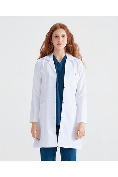 DEMOTEKS Women's Long White Lab Coat Uniform - Three Pockets, Long Sleeve, Lapel Collar