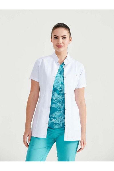 DEMOTEKS Women's white short medical lab coat uniform - with three pockets, short sleeves, tunic collar-3XL
