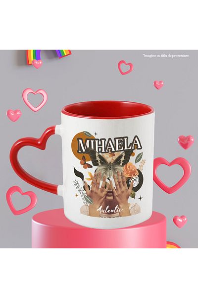 StoryGift Romania Mug With Name Mihaela, Girl Collage, Butterfly, Flowers, Circle, 330ml, Ceramic with Handle, With ,STG