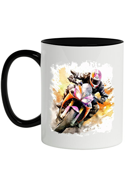 StoryGift Romania Cana Cu Motocicleta Sport, Casca, Ilustratie Watercolor, Mu...