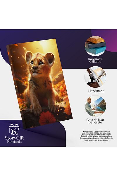 StoryGift Romania Tablou Canvas: Micutul Leu Roscovan Cu Privirea Draguta Sprijinindu-se Pe Un Lemn Printre Flor