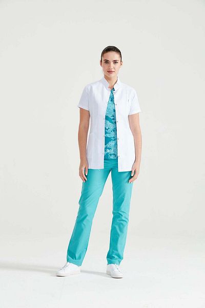 DEMOTEKS Women's white short medical lab coat uniform - with three pockets, short sleeves, tunic collar-3XL