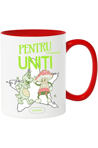StoryGift Romania Cana Prieteni Uniti Dragon Si Ciuperca Familie, 330ml, Ceramic Cu Maner Rosu, Cu Mane,stg