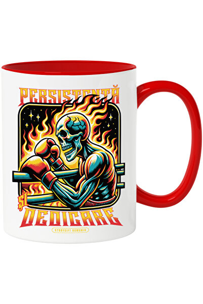 StoryGift Romania Cana Schelete Uman Box In Flacari Persistenta , 330ml, Ceramic Cu Maner Rosu, Cu Mane,stg