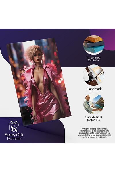 StoryGift Romania Tablou Canvas: Femeie In Rochie Roz Cu Decolteu Si Sascou Cu Pene Si Cercei Cu Parul Blond Pic