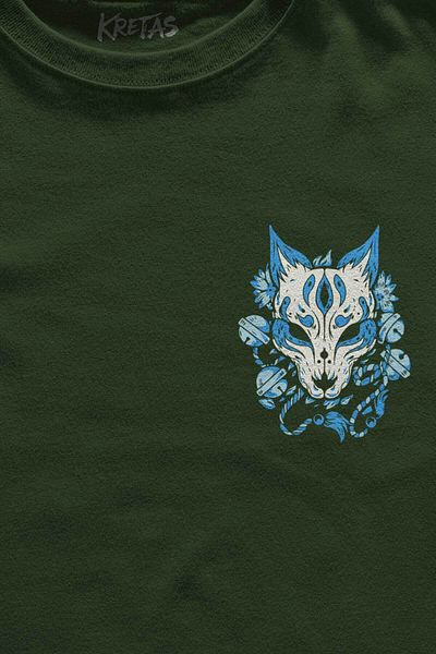 Kretas Μπλουζάκι Unisex Χακί Μάσκα Kitsune Ιαπωνική Ιαπωνική κουλτούρα Μίνιμαλ μπλουζάκι με στάμπα μπροστά