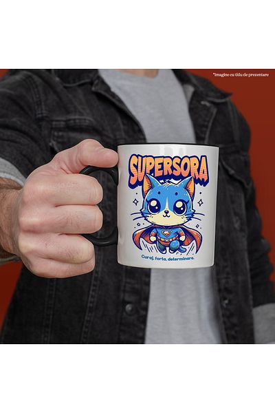 StoryGift Romania Super Sister Mug, Superhero, Flying Cat, 330ml, Ceramic with Black Handle, With Handle, STG