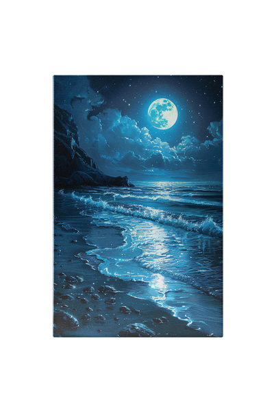 StoryGift Romania Tablou Canvas: Noaptea Albastra, Marea Involburata Cu Valuri Mari Si Luna Plina Pe Cerul Inste