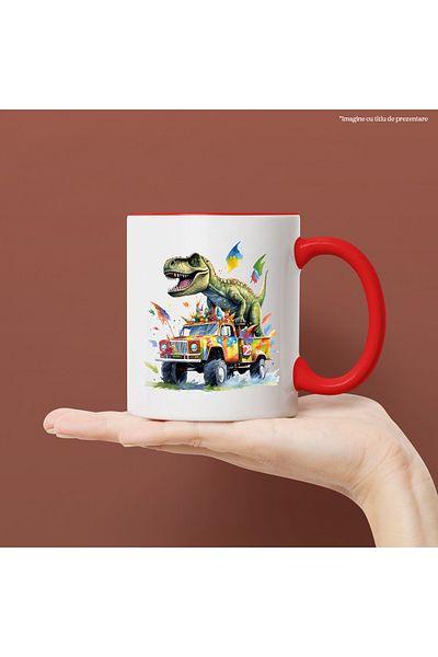 StoryGift Romania Mug with a dinosaur sitting in the trunk of an off-road vehicle, illustration, on, With, STG