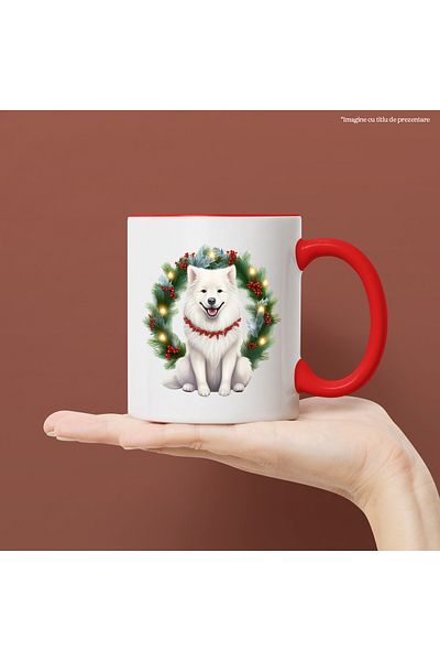StoryGift Romania Mug with a white dog with a mistletoe chain around its neck, illustration, wreath, holidays,, With ,STG