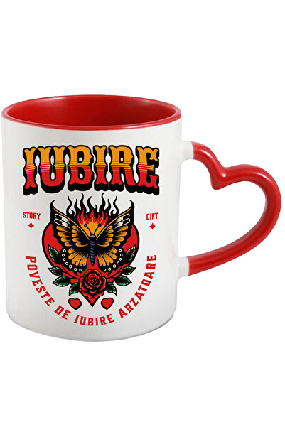 StoryGift Romania Cana Cu Fluture Colorat In Flacari Floare Rosie Text Iubire...