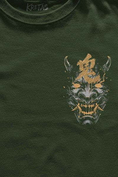 Kretas Χακί μπλουζάκι μάσκα Hannya Demon Mask Ιαπωνικό μπλουζάκι Unisex με στάμπα