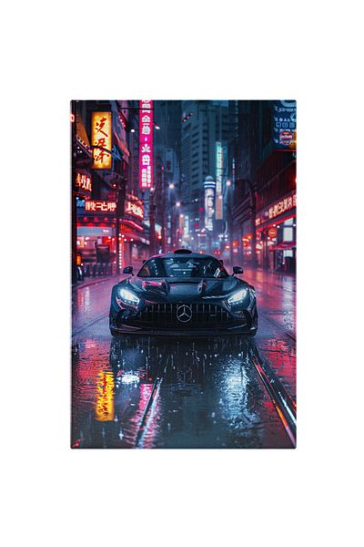StoryGift Romania Tablou Canvas Mercedes De Culoare Neagra Masina Sport Circula Cu Viteza Prin Ploaie In Orasul