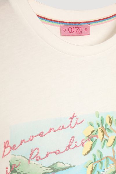 Quzu Lemon Tree Printed Amalfi Text T-Shirt Ecru