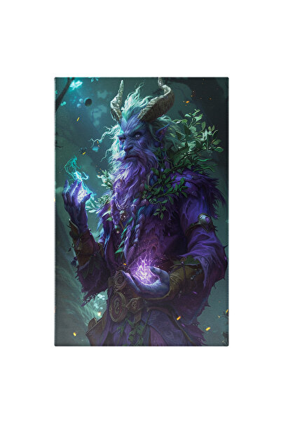StoryGift Romania Tablou Canvas: Creatură Mitologică Masculină A Naturii Cu Coarne Și Haine Mov- Basm Și Fantasy