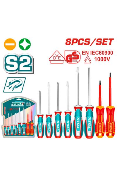TOTAL 8pcs/set Rubber Hand Screwdriver Set, First Class, Regular/Cross-Section/Insulated