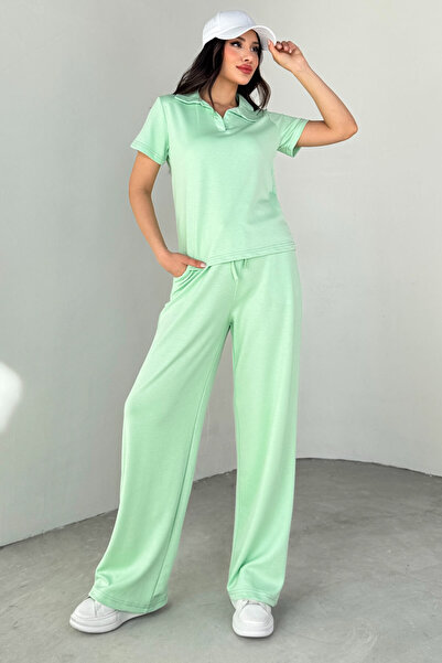 Cappmoda Tkm-03690 Mint Green Polo Collar Blouse Loose Trousers Double Set