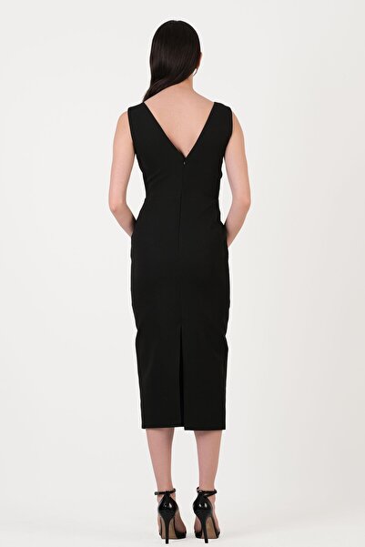 Spazio Daniele Kruvaze Yaka Bel Pileli Mendil İnci İşlemeli Kısa Abiye Elbise SİYAH