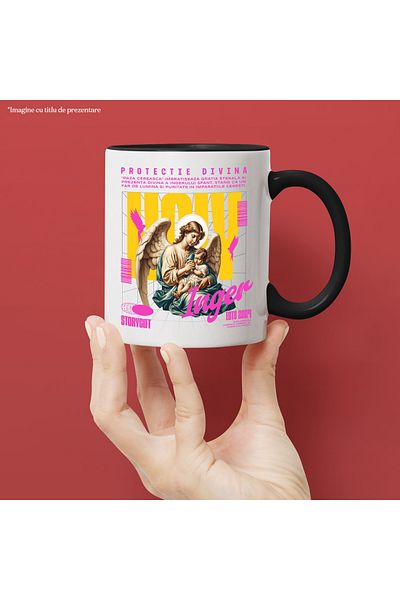 StoryGift Romania Divine Protection Mug - Guardian Angel, 330ml, Ceramic with Black Handle, With Black Handle, STG
