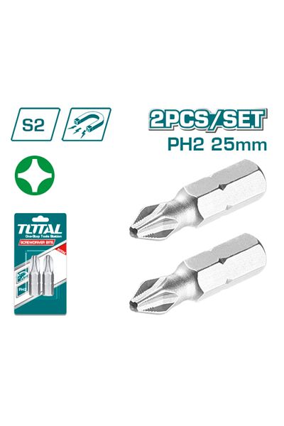TOTAL Ph2 50mm 2pcs/set Short Chrome Screwdriver Bit Set