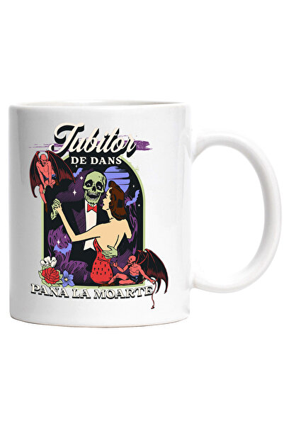 StoryGift Romania Cana Iubitor De Dans Schelete Dansand Cu Doamna , 330ml, Ceramic Cu Maner Alb, Cu Man,stg