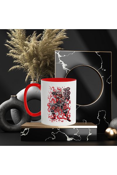 StoryGift Romania Mug With Samurai, Monster, Omi, Demon, Katana, Armor, Flames, Multicolor 330 ml, With ,STG