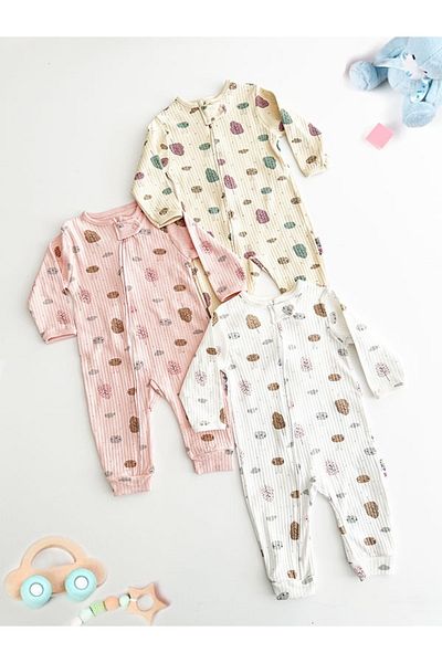 DEFNE LİNA BABY Baby Girl Printed Cotton Cuffed 3-Piece Jumpsuit Set Colorful Patterned 9-12-18 Months Baby Outfit