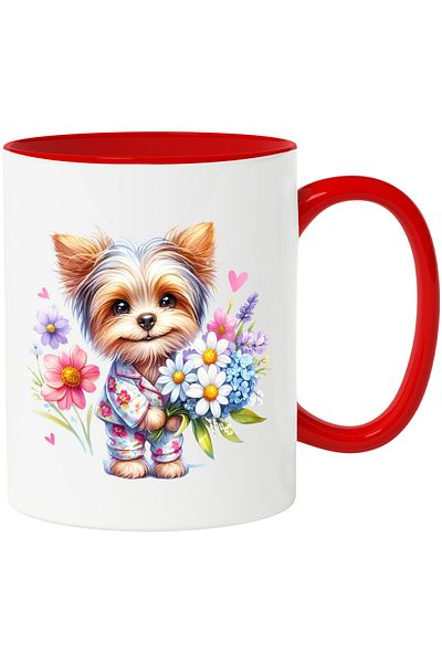 StoryGift Romania Cana Cu Un Catel Care Tine Un Buchet Cu Flori | Ilustratie | Inimi | Cadou Pentr, Cu ,stg