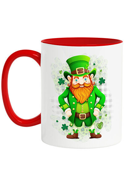 StoryGift Romania Cana Cu Un Spiridus, Ilustratie, Trifoi, Norocos, Irlanda, Verde Cu Maner Rosu, Cu Ma,stg