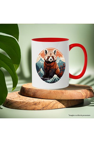 StoryGift Romania Mug With Red Panda Bear, Mountains, Sunset, Sky, Clouds, Forest, Multicolor 330 ml, Ceram, With ,STG