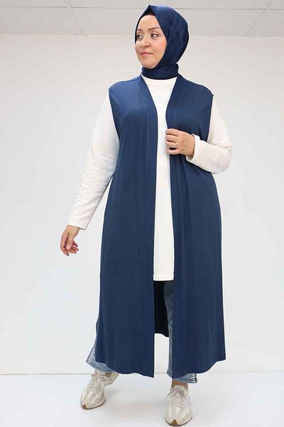 Eslina Large Size 34000 Model Navy Blue Combed Cotton Wear-Out Vest