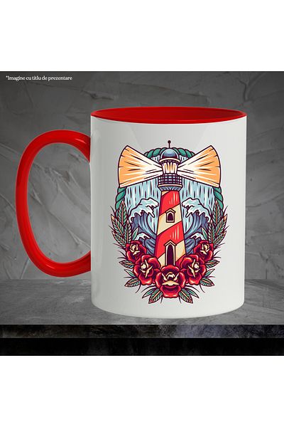 StoryGift Romania Mug With Lighthouse, Waves, Rain, Light, Flowers, Leaves, Rope, Multicolor 330 ml,, With