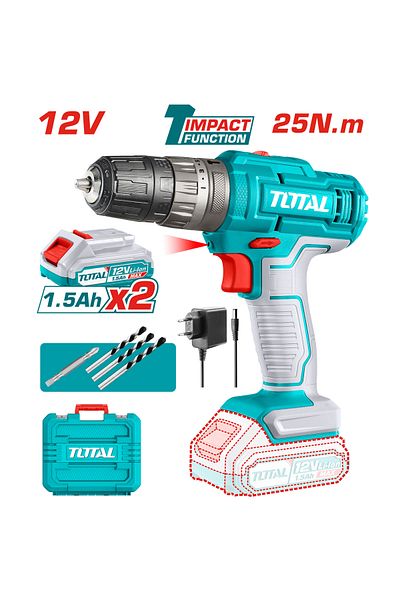 TOTAL 12V 25Nm Vibrating Cordless Drill with Plastic Bag, Extra Battery and Charger