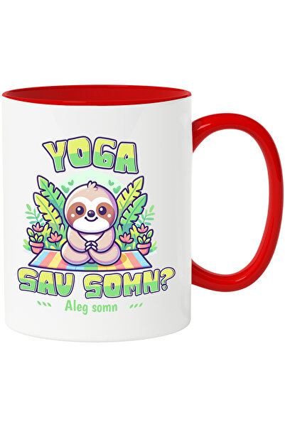 StoryGift Romania Cana Animal Lenes Yoga Sau Somn_ Somn, 330ml, Ceramic Cu Maner Rosu, Cu Maner Rosu St,stg