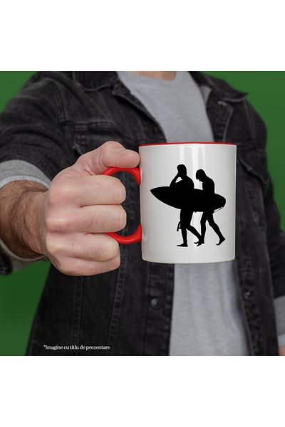 StoryGift Romania Mug with 2 people getting ready for surfing with Red Handle, With Red Handle STG,S,STG.