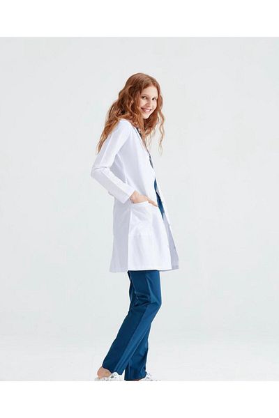DEMOTEKS Women's Long White Lab Coat Uniform - Three Pockets, Long Sleeve, Lapel Collar