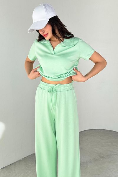 Cappmoda TKM-03690 Μπλούζα με πράσινο γιακά πόλο μέντας Φαρδύ παντελόνι Σετ δύο τεμαχίων