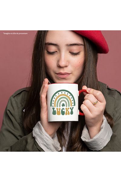 StoryGift Romania Mug with clover and the word "Lucky" in English - lucky with Red Handle, With Handle, STG