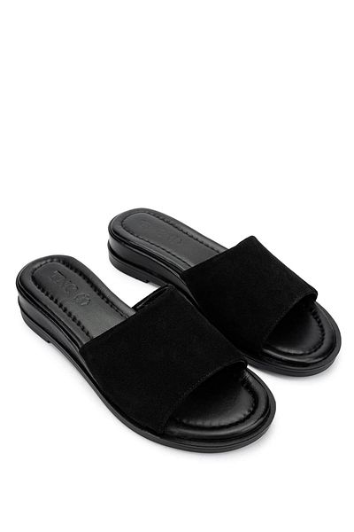 Tamer Tanca Women's Genuine Leather Black Suede Flat Slippers