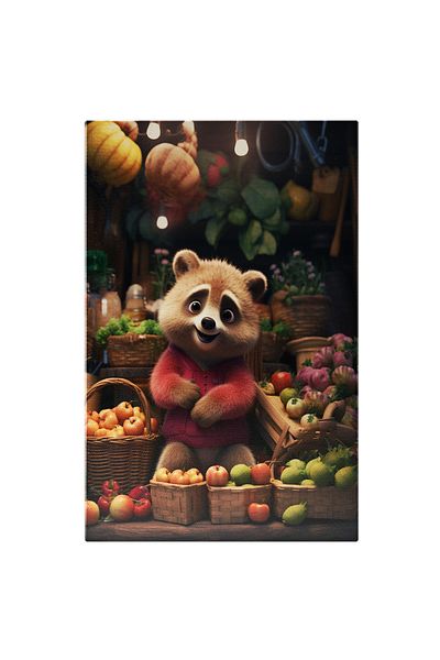 StoryGift Romania Canvas Painting: The Little Animal Seller in the Red Coat with Many Fresh Fruits and Vegetables, Grocery Store