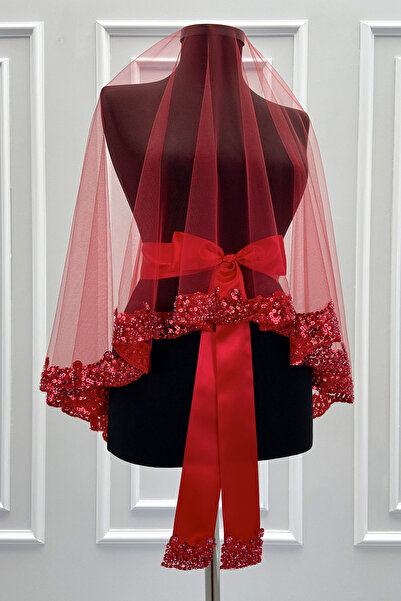 ZEYMERADE Kırmızı Gelin Duvak Seti, Işıl Işıl Kristal Cam Boncuk, İnci ve Pul...