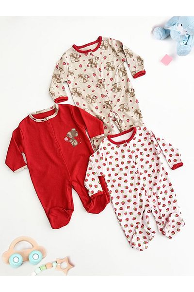 DEFNE LİNA BABY Baby Girl Printed Cotton Booties 3-Piece Jumpsuit Set Colorful Patterned 3-6-9 Months Baby Outfit