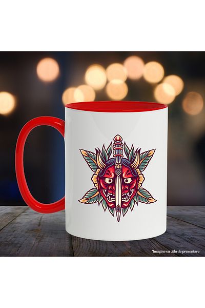 StoryGift Romania Mug With Oni Mask, Demon, Dagger, Leaves, Flowers, Asian, Retro, Multicolor 330 , With ,STG