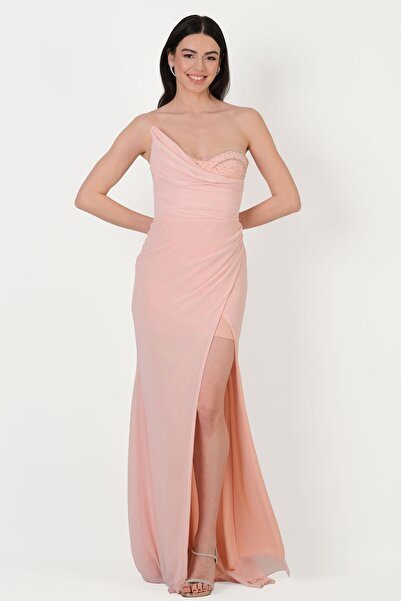 Spazio Vangelista Straplez Yaka Drapeli İşlemeli Yırtmaçlı Uzun Abiye Elbise ...